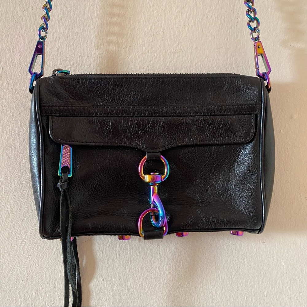 Rebecca Minkoff Black Leather Bag with Rainbow Oil Slick Hardware